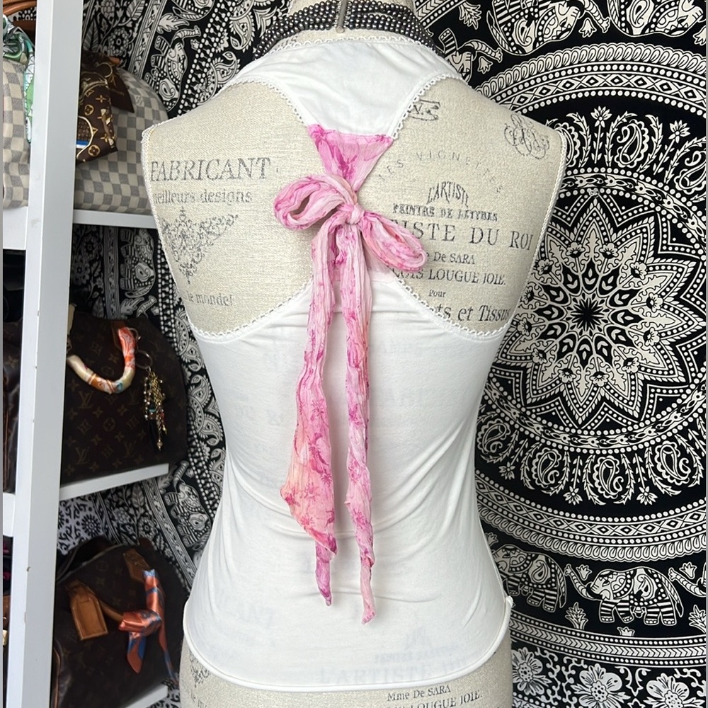 Extē Top graphic front Print Size:40 white back silk tie designer Italy retro